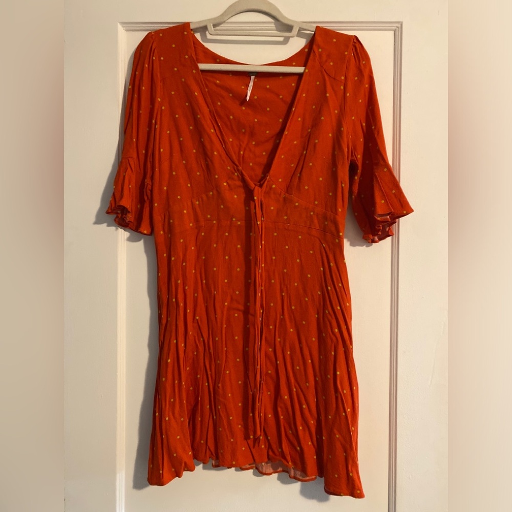 Free People All Yours Polka Dot Plunging Neckline Mini Dress Orange Size 10 - Picture 4 of 9